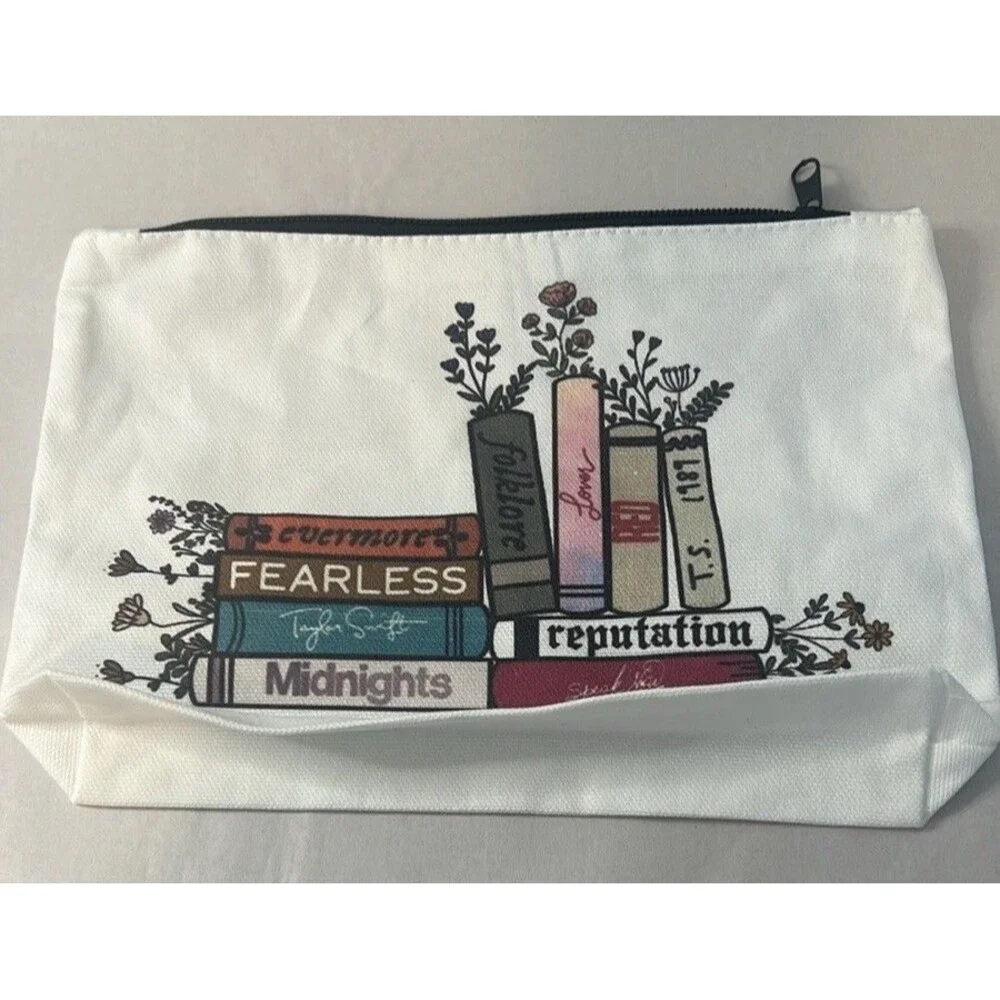 White and Black Cosmetic Bag with Books Design
